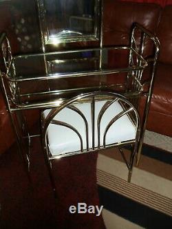 Vintage Set Mid Century Mirror Gold Metal & Glass Vanity Dressing Table & Bench