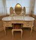 Vintage Shabby Chic Louis Style Kidney Dressing Table With Glass Mirror Stool