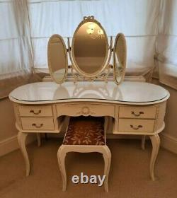 Vintage Shabby chic Louis Style Kidney Dressing Table with Glass Mirror Stool