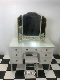 Vintage cream painted glass topped dressing table desk + mirror & stool Delivery