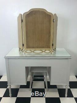 Vintage cream painted glass topped dressing table desk + mirror & stool Delivery