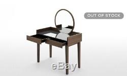 Walnut dressing table, glass top and round mirror. 2 draws. Xander from Made. Com