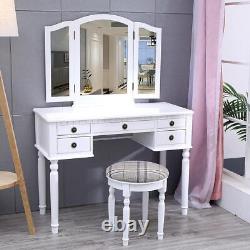White 5 Drawers Dressing Table Vanity Mirrors Stool Set Bedroom Makeup Cosmetic