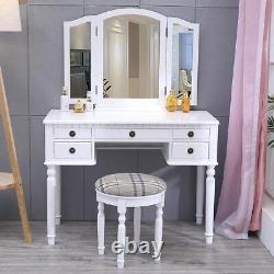 White 5 Drawers Dressing Table Vanity Mirrors Stool Set Bedroom Makeup Cosmetic