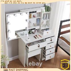 White 6 Drawers Dressing Table & LED Lights Large Mirror Vanity Set Makeup Stool