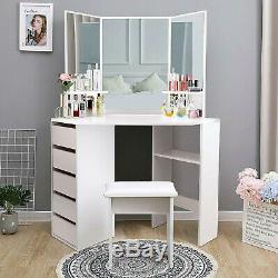 White Bedroom Dressing Table Desk With Glass Mirror 5 Storage Drawers and Stool