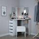 White Corner Dressing Table Stool Set Makeup Desk Chair With3 Mirrors & 5 Drawers