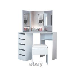 White Corner Dressing Table Stool Set Makeup Desk Chair with3 Mirrors & 5 Drawers