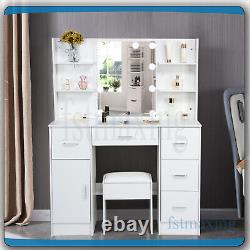 White Dressing Makeup Table With Lighted Mirror And 6 Storage Shelves And Stool
