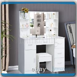 White Dressing Makeup Table With Lighted Mirror And 6 Storage Shelves And Stool