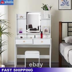White Dressing Table 2 Drawer Makeup Desk Dresser withLED Mirror and Stool Bedroom