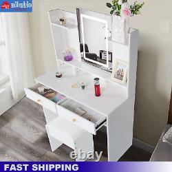 White Dressing Table 2 Drawer Makeup Desk Dresser withLED Mirror and Stool Bedroom