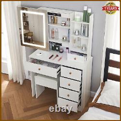 White Dressing Table 3 color LED Makeup Desk & Stool Mirror Bedroom Vanity Set
