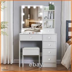 White Dressing Table 6 Drawer LED Mirror & Stool Set Bedroom Vanity Makeup Desk