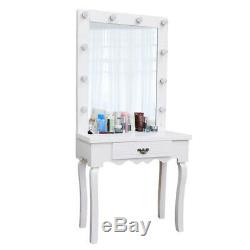 White Dressing Table, LED Bulbs Mirror Set Bedroom Makeup Desk Hollywood Style
