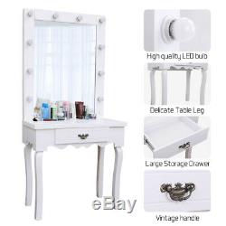 White Dressing Table, LED Bulbs Mirror Set Bedroom Makeup Desk Hollywood Style