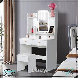 White Dressing Table LED Mirror Vanity Stool Set Makeup Desk & Storage Shelves