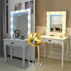 White Dressing Table Make Up Mirror Corner Vanity Desk with LED Lights Drawers Set