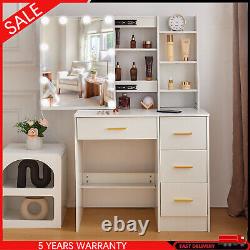 White Dressing Table Makeup Desk 4-Drawers Vanity Set With Hollywood Lights Mirror