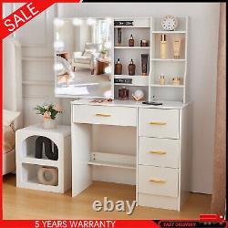 White Dressing Table Makeup Desk 4-Drawers Vanity Set With Hollywood Lights Mirror