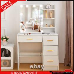 White Dressing Table Makeup Desk 4-Drawers Vanity Set With Hollywood Lights Mirror