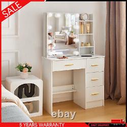 White Dressing Table Makeup Desk 4-Drawers Vanity Set With Hollywood Lights Mirror