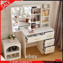 White Dressing Table Makeup Desk 4-Drawers Vanity Set With Hollywood Lights Mirror