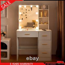 White Dressing Table Makeup Desk 4-Drawers Vanity Set With Hollywood Lights Mirror