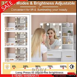 White Dressing Table Makeup Desk 4-Drawers Vanity Set With Hollywood Lights Mirror