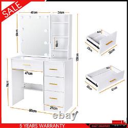 White Dressing Table Makeup Desk 4-Drawers Vanity Set With Hollywood Lights Mirror