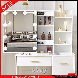 White Dressing Table Makeup Desk 4-Drawers Vanity Set With Hollywood Lights Mirror