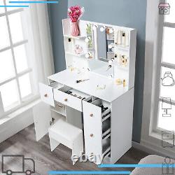 White Dressing Table Makeup Desk 5 Drawers Mirror & Stool Vanity Set Cabinet