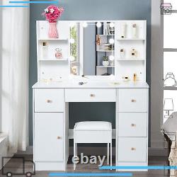 White Dressing Table Makeup Desk 5 Drawers Mirror & Stool Vanity Set Cabinet