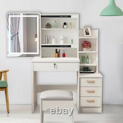 White Dressing Table Makeup Desk Stool Set with Drawers Mirror LED Light
