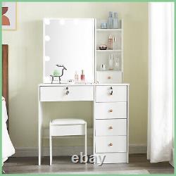 White Dressing Table Makeup Desk Vanity Set with Hollywood LED Lighted Mirror