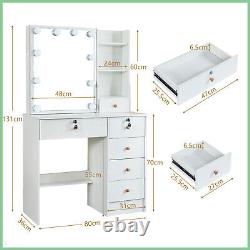 White Dressing Table Makeup Desk Vanity Set with Hollywood LED Lighted Mirror