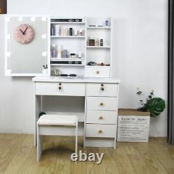 White Dressing Table Makeup Desk with 6 Drawer Sliding Mirror Stool LED Light Set