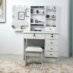 White Dressing Table Makeup Table with Sliding Mirror, Stool, 6Drawers & 10LED Blubs
