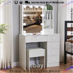 White Dressing Table Mirror with 10 LED Lights 5 Drawers Makeup Desk Stool Set