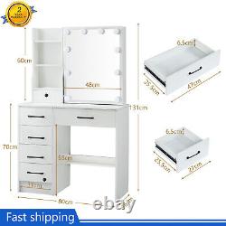 White Dressing Table Mirror with LED Lights Drawers Vanity Makeup Desk Stool Set