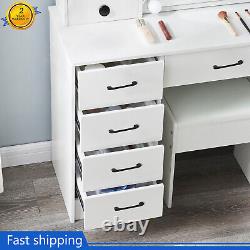 White Dressing Table Mirror with LED Lights Drawers Vanity Makeup Desk Stool Set