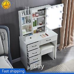 White Dressing Table Mirror with LED Lights Drawers Vanity Makeup Desk Stool Set