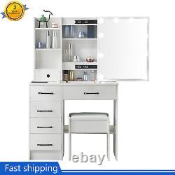 White Dressing Table Mirror with LED Lights Drawers Vanity Makeup Desk Stool Set