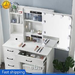 White Dressing Table Mirror with LED Lights Drawers Vanity Makeup Desk Stool Set