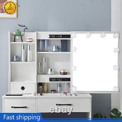 White Dressing Table Mirror with LED Lights Drawers Vanity Makeup Desk Stool Set