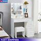White Dressing Table Set With Led Mirror And Stool Wooden Makeup Desk 5-drawers