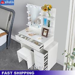 White Dressing Table Set With LED Mirror and Stool Wooden Makeup Desk 5-Drawers