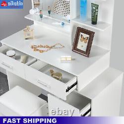 White Dressing Table Set With LED Mirror and Stool Wooden Makeup Desk 5-Drawers