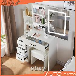 White Dressing Table Set with 4 Drawers Mirror +LED Light Bedroom Makeup Desk UK