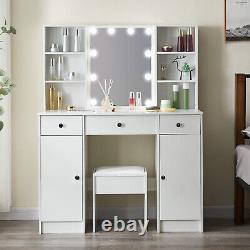 White Dressing Table Set with Sliding Mirror Storage and Stool Vanity Make up Desk